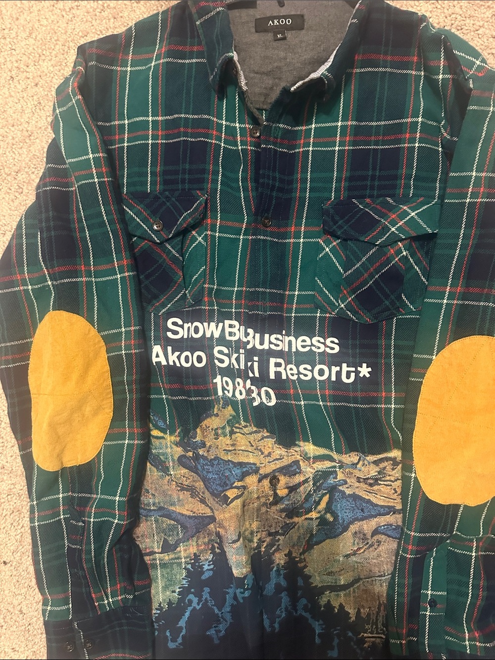 AKOO Men’s Green Plaid Flannel Shirt with Yellow Elbow Patches